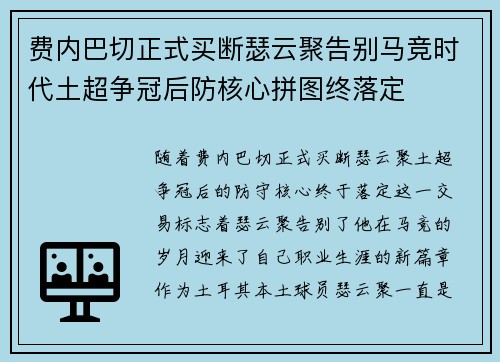 费内巴切正式买断瑟云聚告别马竞时代土超争冠后防核心拼图终落定
